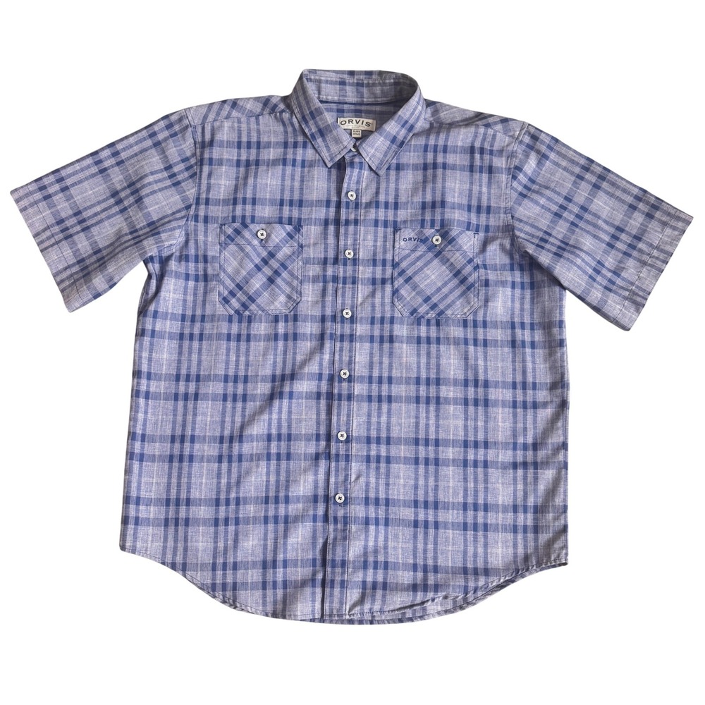 Orvis‎ Mens XL Blue Plaid Short Sleeve Button Up Shirt Classic Collection
